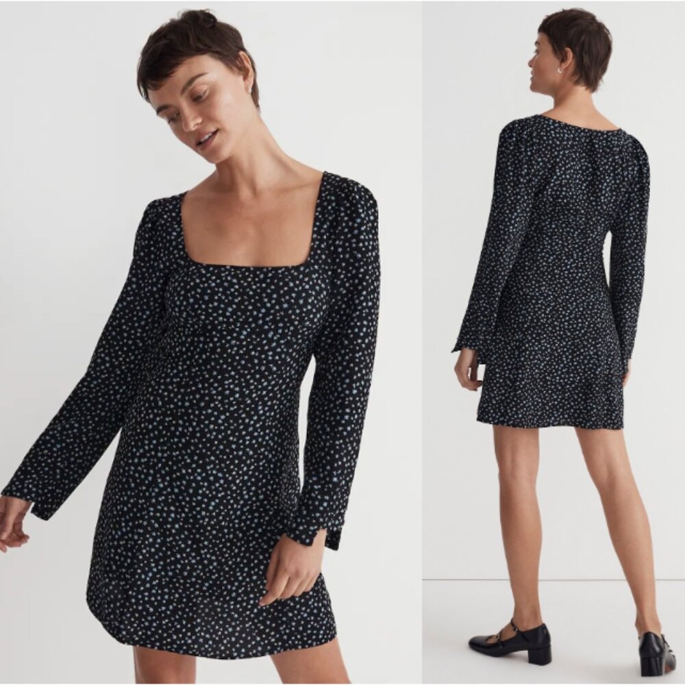 MADEWELL A-Line Seamed Long-Sleeve Mini Dress in Ditsy Floral True Black Size 6